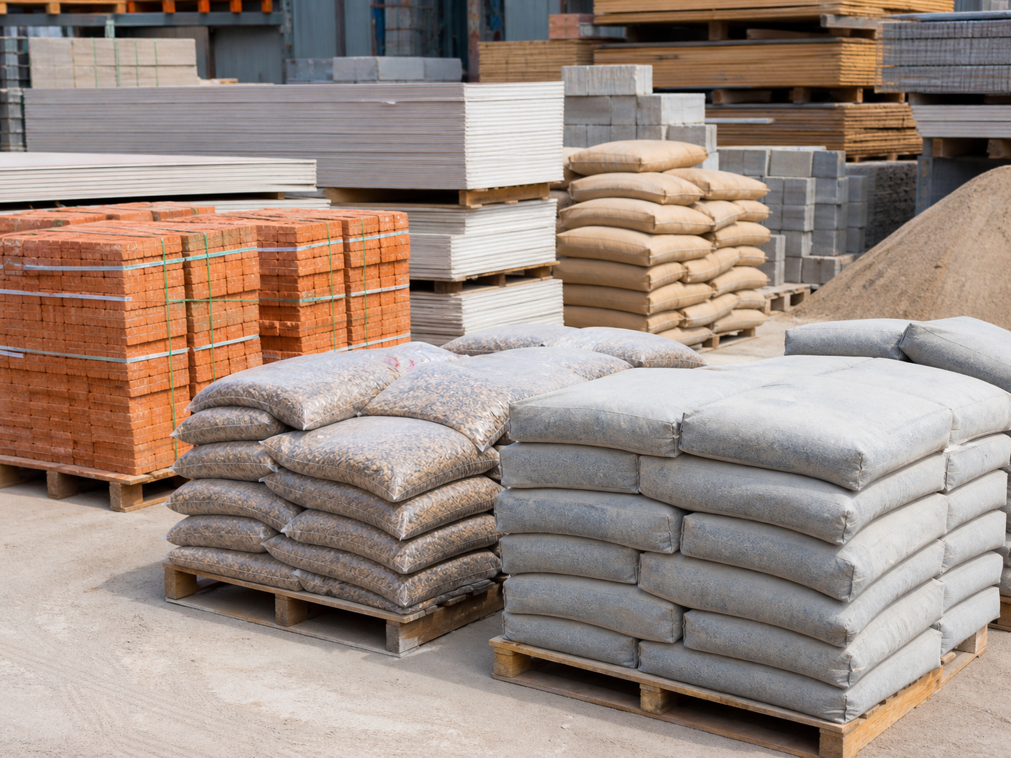 Pallets of bricks, cement bags, wall boards and aggregates
