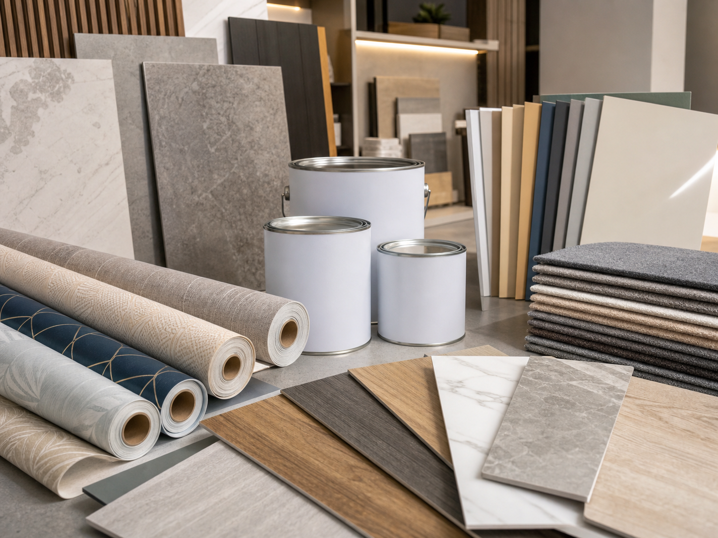 Wallpaper rolls, flooring samples and finishing materials