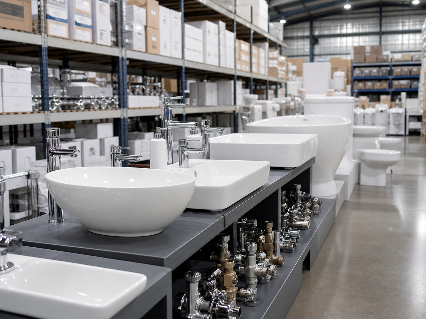 Basins, taps and sanitary fixtures in a trade showroom