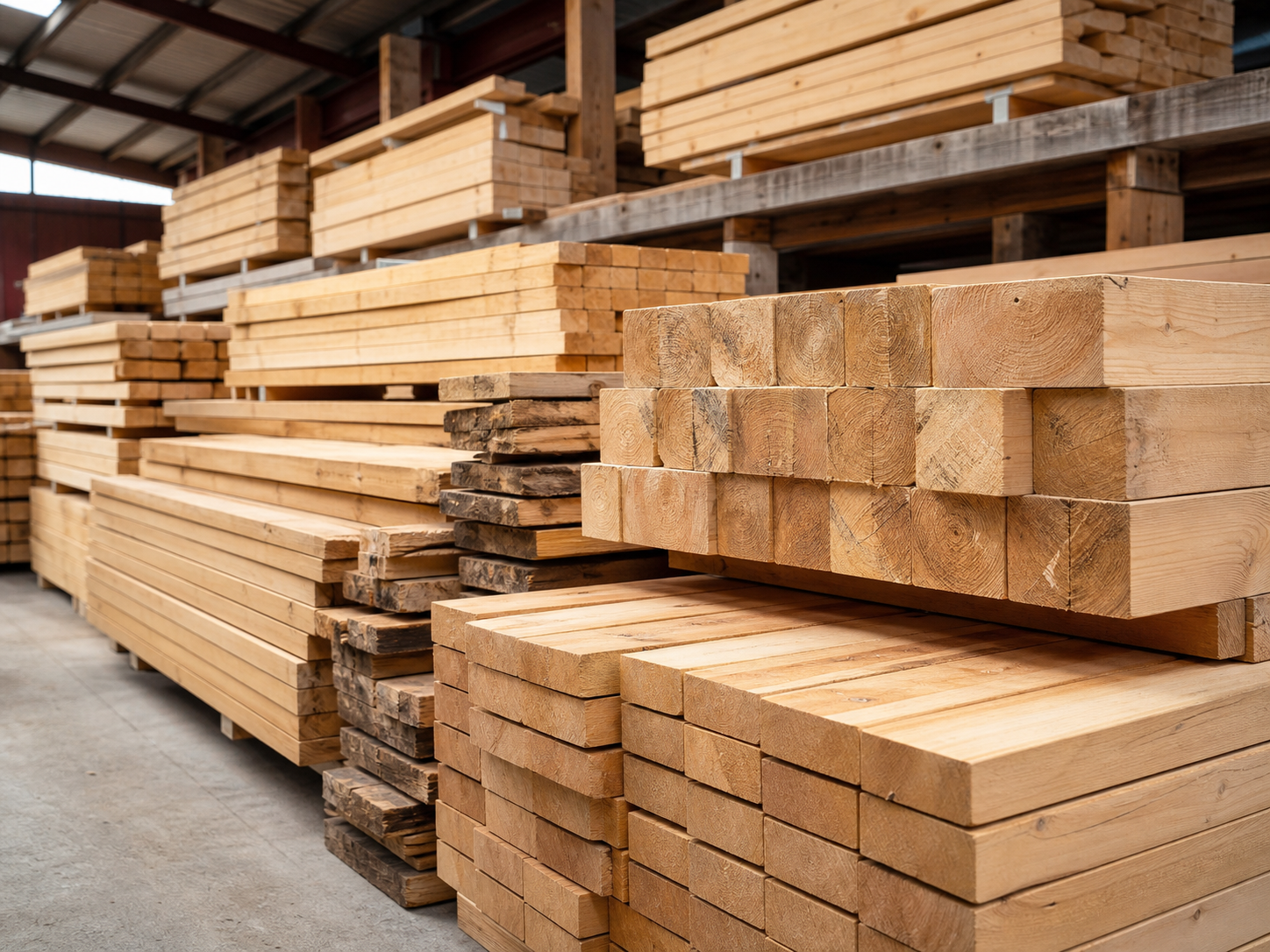 Stacked timber beams, boards and planks in a trade warehouse