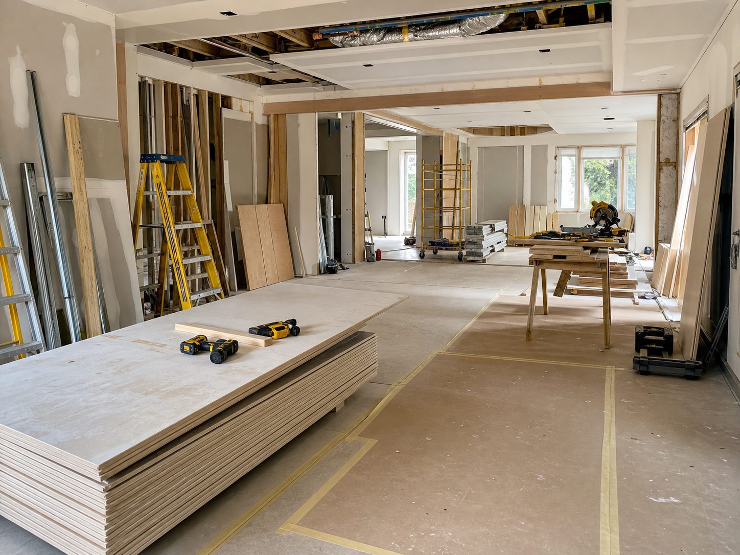 Organised interior refurbishment site with boards and tools