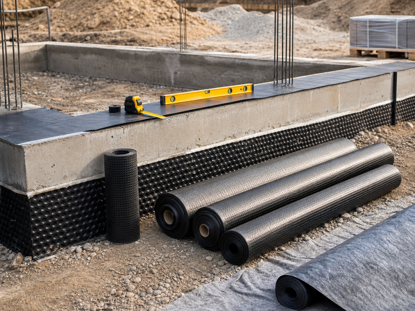 Foundation and damp-proofing materials on a tidy construction site