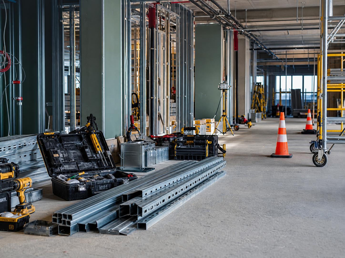 Specialist installation tools and materials in a commercial building site