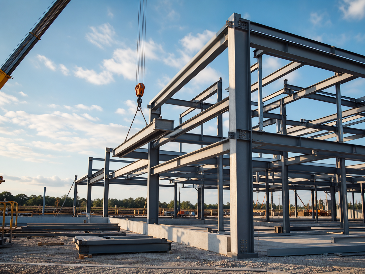 Structural steel frame being erected on a construction site