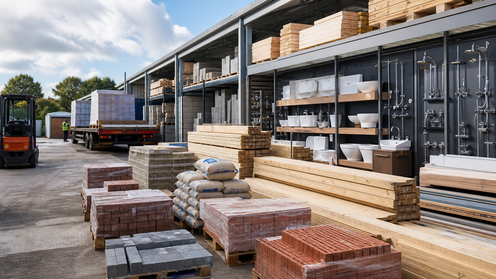 Mixed warehouse stock of timber, construction materials and sanitary equipment